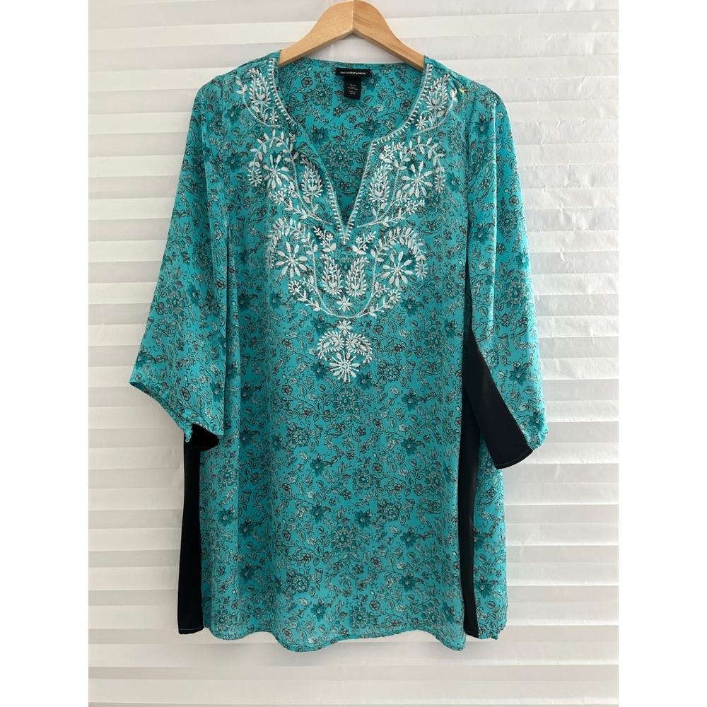 Lane Bryant Teal Floral Embroidered Tunic Top Black Side Panels Plus Size 14/16